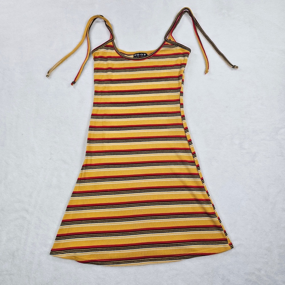 Poof New York Striped Ribbed Mini Dress Yellow Red Black Tie Strap Small 223836